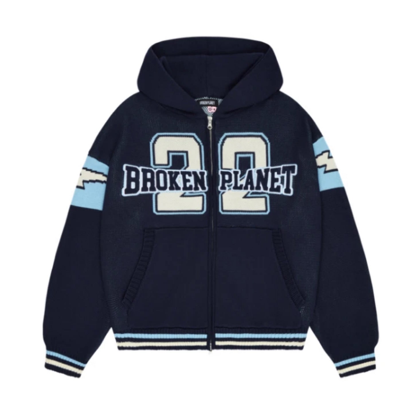 Broken Planet Varsity Knit Zip Up Hoodie Navy Blue